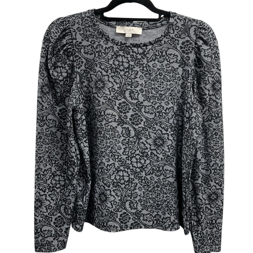 LOFT Women's Medium Black Gray Scroll Jacquard Damask Crew Neck Top Puff Sleeves